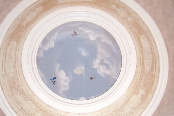 clouds on a dome ceiling with a relief stencil border
